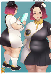 Rule 34 | 1girl, breasts, capcom, dress, eyeshadow, fat, hat, huge breasts, lipstick, makeup, manny rose, microphone, multicolored hair, neone, purple hair, shoes, socks, street fighter, street fighter 6, tablet pc, thick thighs, thighs, two-tone hair, wristband