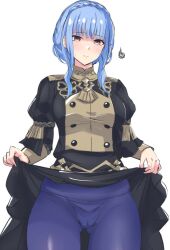 Rule 34 | 1girl, absurdres, blue hair, blush, braid, breasts, brown eyes, cameltoe, closed mouth, clothes lift, crown braid, embarrassed, fire emblem, fire emblem: three houses, garreg mach monastery uniform, gluteal fold, highres, large breasts, latte, lifting own clothes, long hair, long sleeves, marianne von edmund, nintendo, pantyhose, puffy sleeves, simple background, skirt, skirt lift, solo, sweatdrop, thighs, uniform