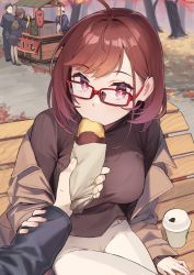 Rule 34 | 2girls, 3boys, 92m, blush, borrowed character, breasts, brown hair, brown jacket, brown sweater, commentary request, cup, disposable cup, douki-chan (douki-chan), douki-kun (douki-chan), feeding, food, ganbare douki-chan, highres, jacket, kinshi no ane (92m), large breasts, long hair, multicolored hair, multiple boys, multiple girls, off shoulder, original, outdoors, pants, pantyhose, people, pov, red-framed eyewear, red eyes, short hair, sweatdrop, sweater, two-tone hair, white pants