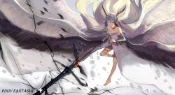 Rule 34 | 1girl, angel wings, barefoot, commentary, dragon, dragon horns, dress, gauntlets, highres, horns, leg ribbon, long hair, multiple wings, original, personification, pixiv fantasia, pixiv fantasia t, pointy ears, polearm, ribbon, silver hair, sishenfan, solo, very long hair, weapon, white dress, wind, wings, yellow eyes