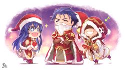 Rule 34 | + +, 1boy, 1girl, 1other, antlers, armor, beard, blue eyes, blue hair, cape, closed eyes, crossed arms, facial hair, fake beard, fake facial hair, fake mustache, father and daughter, fire emblem, fire emblem: the binding blade, fire emblem: the blazing blade, fire emblem heroes, fur trim, grin, hat, hector (fire emblem), highres, holding, holding clothes, holding hat, hood, hood up, horns, kiran (fire emblem), lilina (fire emblem), long hair, long sleeves, mittens, mustache, nakabayashi zun, nintendo, open mouth, own hands together, pom pom (clothes), red hat, red mittens, reindeer antlers, robe, santa costume, short hair, signature, smile