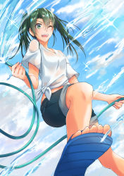 Rule 34 | 1girl, absurdres, alternate costume, batacchi (mashimashi butter), blue footwear, blue shorts, breasts, casual, cloud, commentary request, day, eyes visible through hair, from below, green eyes, green hair, hair between eyes, hair ribbon, highres, hose, kantai collection, looking at viewer, looking down, nail polish, one eye closed, pants, pants rolled up, pink nails, ribbon, sandals, see-through, shirt, short sleeves, shorts, shorts rolled up, sidelocks, sky, small breasts, solo, summer, tied shirt, twintails, water, wet, wet clothes, white ribbon, white shirt, zuikaku (kancolle)
