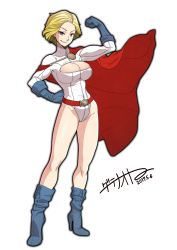 Rule 34 | 1girl, absurdres, belt, blonde hair, blue eyes, boots, breasts, cape, cleavage, cleavage cutout, closed mouth, clothing cutout, date naoto, dc comics, gloves, hand on own hip, highres, power girl, solo, superhero costume, superman (series), thighs