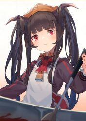 Rule 34 | 1girl, apron, black hair, blue archive, blunt bangs, commentary request, cooking, foreshortening, frying pan, fuuka (blue archive), hime cut, horns, long hair, peroncho, red eyes, school uniform, simple background, smile, solo, spatula, twintails, white background