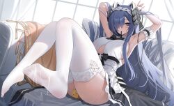 Rule 34 | 1girl, absurdres, apron, armpits, august von parseval (azur lane), august von parseval (the conquered unhulde) (azur lane), azur lane, between breasts, black dress, black horns, blush, breasts, clothing cutout, curled horns, dress, feet, frilled dress, frills, garter straps, hair over one eye, highres, horns, jeze, knees together feet apart, lace, lace-trimmed legwear, lace trim, large breasts, legs, long hair, looking at viewer, maid headdress, manjuu (azur lane), mechanical horns, mouth hold, no shoes, official alternate costume, one eye covered, purple eyes, ribbon, ribbon in mouth, sleeveless, soles, solo, suggestive fluid, thighhighs, toes, two-tone dress, underboob cutout, very long hair, white apron, white dress, white garter straps, white thighhighs