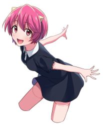Rule 34 | 1girl, :d, arms behind back, asada hachi, black dress, breasts, cropped legs, dress, elfen lied, hair between eyes, horns, nana (elfen lied), open mouth, pink eyes, pink hair, short hair, short sleeves, simple background, small breasts, smile, solo, white background