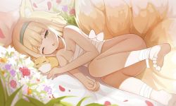 Rule 34 | 1girl, animal, animal ear fluff, animal ears, arknights, bandaged leg, bandages, barefoot, blonde hair, blue hairband, bottomless, breasts, cleavage, commentary request, fang, feet out of frame, flower, fox, fox ears, fox girl, fox tail, hairband, half-closed eye, kitsune, lying, multicolored hair, naked bandage, on side, one eye closed, open mouth, petals, purple flower, red flower, small breasts, soles, solo, suzuran (arknights), tail, tears, two-tone hair, white flower, white hair, yellow eyes, youtiao zongzi