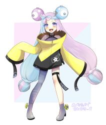 Rule 34 | 1girl, :d, absurdres, aqua hair, blush, boots, character hair ornament, commentary request, creatures (company), dodotsuki, full body, game freak, grey footwear, grey pantyhose, grey shirt, hair ornament, highres, iono (pokemon), jacket, long hair, multicolored hair, nintendo, open mouth, pantyhose, pigeon-toed, pokemon, pokemon sv, purple eyes, purple hair, sharp teeth, shirt, single leg pantyhose, sleeveless, sleeveless shirt, sleeves past fingers, sleeves past wrists, smile, solo, standing, star (symbol), star print, teeth, thigh strap, tongue, translation request, twintails, two-tone hair, upper teeth only, yellow jacket