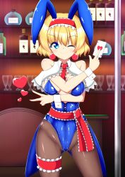 Rule 34 | 1girl, adapted costume, alcohol, alice margatroid, animal ears, ascot, bar (place), bare shoulders, blonde hair, blue eyes, bottle, breasts, card, cleavage, cup, detached collar, drinking glass, groin, hairband, heart, hip focus, kagayama hajime, large breasts, leotard, lolita hairband, one eye closed, pantyhose, playboy bunny, rabbit ears, sash, shiny clothes, short hair, sideboob, smile, solo, stool, thighs, touhou, wrist cuffs, wristband