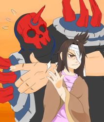 Rule 34 | 1girl, absurdres, bandage over one eye, brown eyes, brown hair, buddy (lisa), frown, highres, horns, indioweeaboo, lisa (series), lisa the joyful, lisa the painful, mask, orange background, poncho, rando (lisa), scar, self-upload, shaded face, shoulder spikes, single horn, size difference, skull mask, spikes
