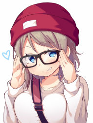 Rule 34 | 10s, 1girl, adjusting eyewear, bad id, bad pixiv id, bespectacled, between breasts, blue eyes, blush, breasts, brown hair, commentary request, cowboy shot, glasses, hat, heart, highres, long sleeves, looking at viewer, love live!, love live! school idol festival, love live! sunshine!!, medium breasts, robin16, short hair, smile, solo, strap between breasts, upper body, watanabe you