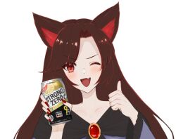 Rule 34 | 1girl, ;d, animal ears, brown hair, can, collarbone, commentary request, holding, holding can, imaizumi kagerou, long hair, one eye closed, open mouth, red eyes, simple background, smile, solo, strong zero, thumbs up, touhou, umeko 81, upper body, white background, wolf ears, wolf girl