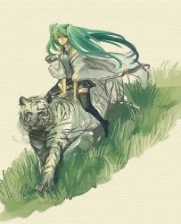 Rule 34 | 1girl, aqua eyes, aqua hair, detached sleeves, faux traditional media, female focus, hatsune miku, long hair, monzuki, nature, necktie, outdoors, skirt, solo, speed painting, thighhighs, tiger, twintails, very long hair, vocaloid