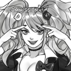 Rule 34 | 1girl, bear hair ornament, bow, breasts, cleavage, collarbone, commission, danganronpa: trigger happy havoc, danganronpa (series), enoshima junko, finger on forehead, greyscale, hair ornament, hands up, long hair, looking at viewer, monochrome, rei (tdn ng), shirt, signature, solo