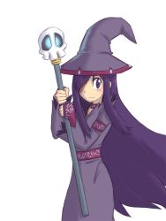 Rule 34 | 1girl, alternate costume, burn scar, choker, commentary, cyzir visheen, english commentary, hair over one eye, hat, ikezawa hanako, katawa shoujo, long hair, long sleeves, looking at viewer, purple eyes, robe, scar, simple background, skull, smile, solo, staff, very long hair, white background, witch, witch hat