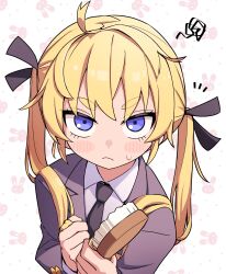 Rule 34 | 1girl, ahoge, asymmetrical hair, black necktie, black ribbon, blazer, blonde hair, blush stickers, collared shirt, commentary request, failure, grey jacket, hair brush, hair ribbon, hand in own hair, highres, holding, holding hair brush, jacket, kill me baby, long hair, long sleeves, looking at viewer, messy hair, multicolored background, necktie, notice lines, purple eyes, rabbit background, ribbon, school uniform, shirt, solo, sonya (kill me baby), squiggle, sweatdrop, thick eyebrows, tsurime, twintails, upper body, upturned eyes, v-shaped eyebrows, white background, white shirt, yachima tana