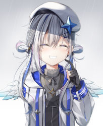 Rule 34 | 1girl, amane kanata, angel wings, beret, black gloves, blue hair, blue wings, closed eyes, colored inner hair, feathered wings, gloves, gradient wings, grey shirt, grin, hair between eyes, hair ornament, hair rings, hairclip, hat, high collar, highres, hololive, jacket, jewelry, long hair, low twintails, mini wings, miseki you, multicolored hair, multicolored wings, necklace, partially fingerless gloves, rain, scratching cheek, shirt, silver hair, smile, solo, star (symbol), star necklace, twintails, virtual youtuber, white hat, white jacket, white wings, wings