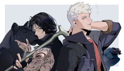 2boys absurdres arm_tattoo bare_shoulders black_coat black_gloves black_hair black_panther blue_eyes cane closed_mouth coat devil_may_cry_(series) devil_may_cry_5 fingerless_gloves full-body_tattoo gloves griffon_(devil_may_cry_5) hand_tattoo highres holding holding_cane hood leopard looking_at_viewer multiple_boys nero_(devil_may_cry) panther shadow_(devil_may_cry_5) sleeveless sleeveless_coat smile tattoo v_(devil_may_cry) warsong_zhange white_hair