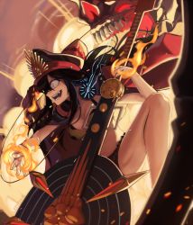 Rule 34 | 1girl, bikini, black hair, breasts, brown bikini, cleavage, fang, fate/grand order, fate (series), fire, floating hair, headphones, holding, holding instrument, instrument, lempika, long hair, medium breasts, oda nobunaga (fate), oda nobunaga (koha-ace), oda nobunaga (swimsuit berserker) (second ascension) (fate), open mouth, red eyes, smile, solo, swimsuit