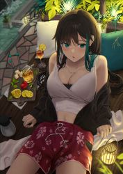 Rule 34 | 1girl, bare shoulders, black jacket, blue hair, blush, breasts, brown hair, cleavage, commentary request, crop top, cup, drinking glass, earrings, floral print, food, fork, fruit, highres, jacket, jar, jewelry, large breasts, lemon, lemon slice, long hair, long sleeves, lying, multicolored hair, necklace, noeru, off shoulder, on back, original, parted lips, pillow, plant, print shorts, red shorts, shirt, shorts, solo, streaked hair, swimsuit, white shirt
