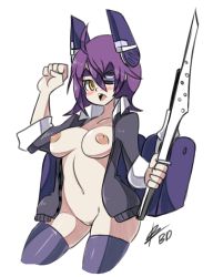 Rule 34 | 10s, 1girl, ahoge, bad id, bad tumblr id, bigdead, black thighhighs, blush, breasts, cardigan, cowboy shot, cropped legs, dark nipples, eyepatch, headgear, highres, kantai collection, nipples, no bra, no panties, open cardigan, open clothes, open shirt, purple hair, shirt, short hair, sleeves pushed up, solo, tenryuu (kancolle), thighhighs, uncensored, weapon, yellow eyes