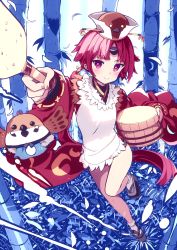 Rule 34 | 1girl, animal, apron, bamboo, bare legs, benienma (fate), bird, black footwear, black horns, blush, bucket, commentary request, fate/grand order, fate (series), feathers, hat, highres, holding, holding bucket, horns, japanese clothes, kimono, long hair, long sleeves, looking at viewer, low ponytail, parted bangs, ponytail, red eyes, red hair, red kimono, sandals, single horn, smile, solo, standing, standing on one leg, tranquillianusmajor, white apron, wide sleeves, wings