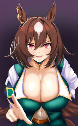 Rule 34 | 1girl, absurdres, animal ears, black gloves, border, breasts, brown hair, cleavage, collared shirt, commentary request, cross, dark background, ear ornament, fingerless gloves, gloves, green jacket, hair between eyes, highres, horse ears, horse girl, jacket, long hair, long sleeves, medium breasts, multicolored hair, one eye closed, open mouth, pendant choker, pointing, pointing at viewer, red eyes, shirt, sirius symboli (umamusume), smile, solo, sparkle, spoken sparkle, streaked hair, striped background, tessa (uma orfevre), umamusume, upper body, w3n6e, white hair