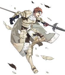Rule 34 | 1boy, 88 taho, armor, armored boots, boots, brown eyes, cape, conrad (fire emblem), fire emblem, fire emblem echoes: shadows of valentia, fire emblem heroes, full body, fur trim, gloves, highres, male focus, mask, nintendo, official art, open mouth, orange hair, polearm, scarf, solo, spear, teeth, torn clothes, transparent background, weapon, white armor