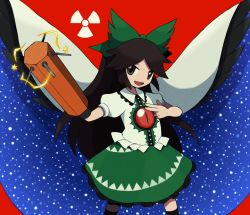 Rule 34 | 1girl, bad id, bad twitter id, black eyes, black hair, black wings, bow, cape, fuel rod cannon, gesture, green bow, green skirt, long hair, night, night sky, open mouth, pointing, pttarou (potetaro), radiation symbol, red background, reiuji utsuho, shirt, simple background, skirt, sky, smile, solo, standing, star (sky), third eye, touhou, white shirt, wings