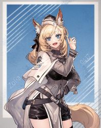 Rule 34 | 1girl, :d, animal ear fluff, animal ears, arknights, belt, black hat, black shorts, black thighhighs, blonde hair, blue background, blue eyes, breasts, character name, clothes writing, commentary request, contrapposto, eyelashes, framed breasts, garrison cap, hand on own hip, hand up, hat, horse ears, horse girl, horse tail, index finger raised, large breasts, long sleeves, looking at viewer, open mouth, ryuuzaki ichi, short shorts, shorts, smile, solo, swept bangs, tail, thighhighs, whislash (arknights)