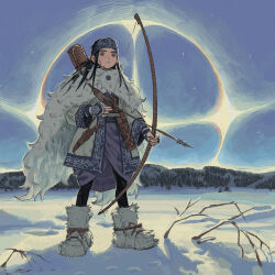 Rule 34 | 1girl, absurdres, ainu clothes, asirpa, bandana, black hair, blue eyes, blue sky, boots, bow (weapon), branch, coat, fingerless gloves, full body, fur coat, fur trim, gloves, golden kamuy, highres, holding, holding weapon, knife, long hair, looking at viewer, patterned clothing, quiver, sky, snow, sol-halite, sun halo, weapon, white coat, winter clothes