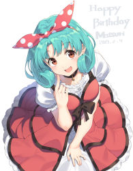 Rule 34 | 1girl, absurdres, aqua hair, blush, breasts, character name, choker, collarbone, curly hair, dated, dress, hairband, happy birthday, heart, heart choker, highres, idolmaster, idolmaster million live!, index finger raised, joker (tomakin524), large breasts, looking at viewer, open mouth, pointing, pointing at self, red dress, short hair, smile, solo, tokugawa matsuri