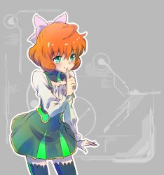 Rule 34 | 1girl, ahoge, bow, english text, finger to mouth, freckles, green eyes, hair bow, iesupa, orange hair, penny polendina, rwby, solo, thighhighs
