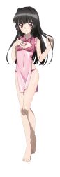 Rule 34 | 1girl, absurdres, bare shoulders, black hair, blush, breasts, closed mouth, covered navel, full body, highres, lingerie, long hair, looking at viewer, official art, pink eyes, senki zesshou symphogear, simple background, sleeveless, small breasts, solo, tsukuyomi shirabe, underwear