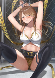 Rule 34 | 1girl, animal print, armpits, arms up, belt, blush, breasts, brown eyes, brown hair, caution tape, chain-link fence, cleavage, clenched teeth, crop top, cuffs, earrings, fence, hair between eyes, handcuffs, highres, idolmaster, idolmaster shiny colors, izumi mei, jewelry, keep out, knees up, large breasts, leopard print, looking at viewer, messy hair, midriff, navel, presenting armpit, shiny, shiny hair, shougun (chuckni1), sitting, sleeveless, solo, struggling, sweat, teeth, thighhighs, underwear