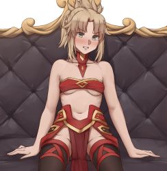Rule 34 | 1girl, armor, arms behind back, bare shoulders, bra, braid, breasts, choker, couch, fate/grand order, fate (series), faulds, french braid, green eyes, hair ornament, hair scrunchie, highres, mordred (fate), mordred (fate/apocrypha), navel, pelvic curtain, red bra, red scrunchie, red sleeves, sarhce, scrunchie, sitting, small breasts, thighhighs, underwear