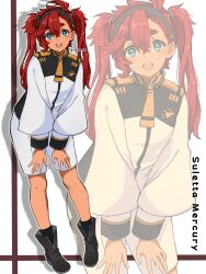 Rule 34 | 1girl, alternate hairstyle, asticassia school uniform, black hairband, blue eyes, boots, character name, commentary request, dark-skinned female, dark skin, gundam, gundam suisei no majo, hairband, highres, mizuno374, red hair, school uniform, shorts, suletta mercury, thick eyebrows, twintails, twitter username, white shorts, zoom layer