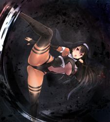 Rule 34 | 1girl, black background, black footwear, black hair, black headwear, black leotard, black sleeves, bodysuit, boots, breasts, brown bodysuit, detached sleeves, fingerless gloves, floating hair, game cg, gloves, hair between eyes, hair ribbon, highleg, highleg leotard, highres, large breasts, leg up, leotard, long hair, long sleeves, nightmare x onmyoji ~kindan no paradox~, noba (veronicanoha), official art, open mouth, red eyes, red ribbon, revealing clothes, ribbon, shindou setsuna, solo, standing, thigh boots, thighhighs, underboob, veil, very long hair