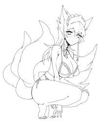 Rule 34 | 1girl, animal ears, blush, breasts, cleavage, fox ears, fox tail, greyscale, hinabu, long hair, looking at viewer, monochrome, multiple tails, simple background, solo, squatting, tail, white background