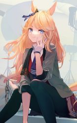 Rule 34 | 1girl, animal ears, arm between legs, bag, blonde hair, blue eyes, blue necktie, blue ribbon, closed mouth, coat, feet out of frame, gloves, gold city (umamusume), hand on own cheek, hand on own face, handbag, highres, horse ears, horse tail, long hair, looking afar, necktie, pantyhose, pleated skirt, ribbon, sitting, skirt, sleeves rolled up, solo, stage lights, swept bangs, tail, tsurime, u jie, umamusume, white gloves, wing collar