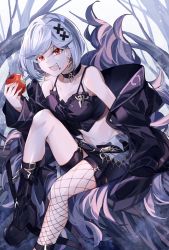 Rule 34 | absurdres, alter ego malevolent (granblue fantasy), apple, black camisole, black footwear, black jacket, black nails, black shorts, boots, camisole, choker, commentary, crumbs, diamond earrings, djeeta (granblue fantasy), earrings, feather boa, fishnet legwear, fishnets, food, food on face, foot out of frame, fruit, granblue fantasy, grey hair, hair ornament, highres, hizuki miya, holding, holding food, holding fruit, jacket, jewelry, leg strap, looking at viewer, midriff, nail polish, off shoulder, open mouth, outdoors, red eyes, short hair, shorts, single leg pantyhose, smile, spaghetti strap, tree, x hair ornament