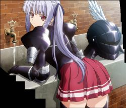 Rule 34 | 10s, 1girl, armor, back, helmet, highres, lisa eostre, long hair, looking back, red eyes, screencap, skirt, solo, stitched, third-party edit, walkure romanze, water