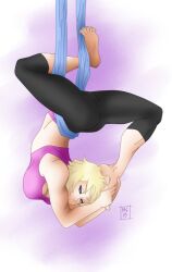 Rule 34 | 1girl, arched back, ass, barefoot, blonde hair, breasts, feet, female focus, flexible, foot on head, from side, large breasts, legs, looking at viewer, looking to the side, medium breasts, midriff, muscular, muscular female, pants, purple sports bra, sgt crisis, signature, simple background, solo, sports bra, thighs, toenails, toes, yoga, yoga pants