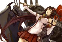 Rule 34 | 10s, 1girl, :d, anchor, bare shoulders, breasts, brown eyes, brown hair, bullet, cherry blossoms, covered navel, cowboy shot, detached sleeves, flower, hair flower, hair ornament, headgear, kantai collection, kazabana fuuka, long hair, looking at viewer, machinery, medium breasts, miniskirt, oil-paper umbrella, open mouth, ponytail, red skirt, skirt, smile, solo, turret, umbrella, very long hair, yamato (kancolle)