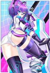 Rule 34 | 1girl, ass, bandaid, bandaid on face, bandaid on nose, blue eyes, fingerless gloves, gloves, highres, indie virtual youtuber, jacket, jnstudio, melody (projektmelody), ponytail, purple hair, shoes, shorts, solo, thigh strap, thighhighs, virtual youtuber, vshojo
