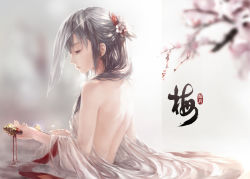 Rule 34 | 1girl, back, bare shoulders, blurry, cherry blossoms, depth of field, flower, hair flower, hair ornament, half updo, highres, lips, long hair, off shoulder, original, partially submerged, ritsuki, silver hair, solo