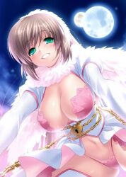 Rule 34 | 1girl, abeno haruka, blush, bra, breasts, brown hair, cameltoe, chain, cleavage, cleavage cutout, clothing cutout, commentary, dress, eyelashes, eyes visible through hair, floating clothes, foreshortening, from below, full moon, fur scarf, gold chain, green eyes, hair between eyes, heart-shaped lock, holy breaker!, juliet sleeves, large breasts, light particles, lips, long hair, long sleeves, looking at viewer, moon, navel, night, night sky, open mouth, panties, pink bra, pink fur, pink panties, pov, puffy sleeves, shiny skin, sky, smile, solo, stomach, straight-on, underwear, white dress, zen (kamuro)