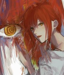 Rule 34 | 1girl, @ @, chainsaw man, hair between eyes, highres, inuo (inuo x), long hair, looking at viewer, looking back, makima (chainsaw man), painting (action), parted lips, red hair, red lips, ringed eyes, sketch, solo, upper body, yellow eyes