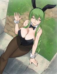 Rule 34 | 1girl, breasts, cleavage, closed eyes, colorized, eden&#039;s zero, gaston18, green hair, highres, large breasts, long hair, mashima hiro, rabbit ears, smile, solo, witch (eden&#039;s zero)
