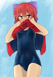 Rule 34 | 1girl, blue bow, blush, bow, cloak, embarrassed, hair bow, highres, red cloak, red eyes, red hair, school swimsuit, sekibanki, short hair, solo, swimsuit, touhou, turtleneck, tyouseki